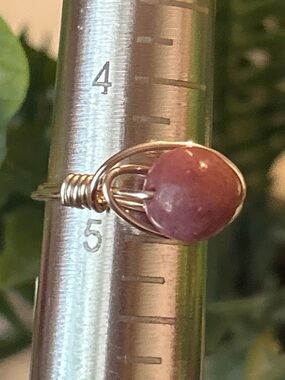 Handmade pink rhodonite wire wrapped crystal ring size 4.75